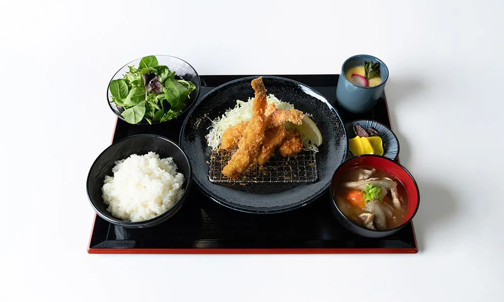 Fried shrimp set with chawanmushi and side salad at KimuKatsu, a Japanese Restaurant in Torrance